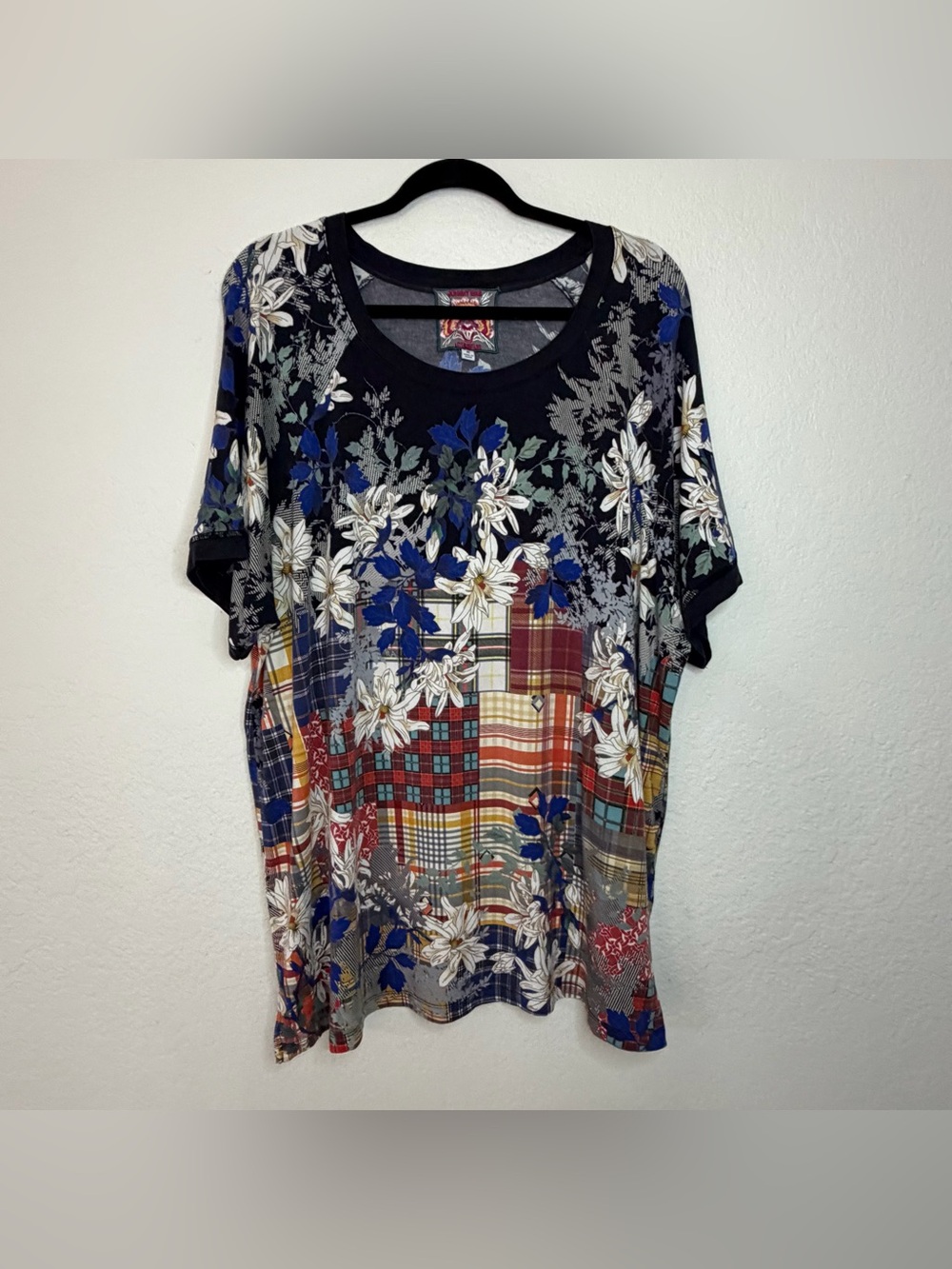 Johnny Was Shirt Plaid Navy Blue Ona Raglan Floral Tee Top Womenโs Size 3X